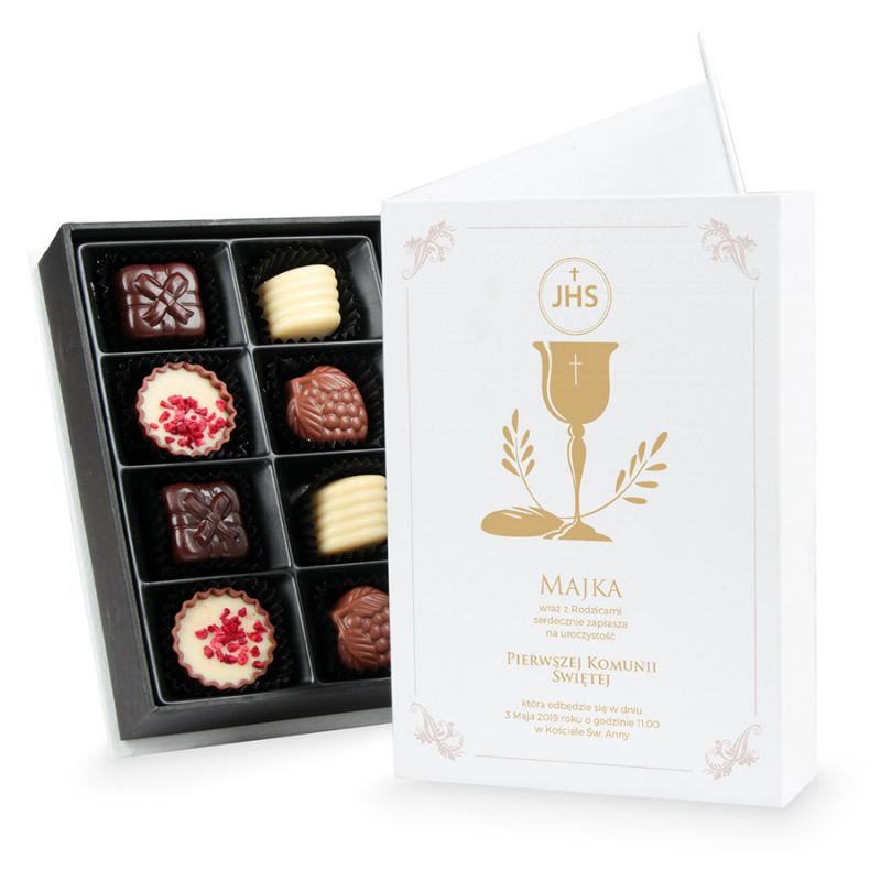 Czekoladki Chocolate Box White Mini, zaproszenie na Pierwszą Komunię z Twoim tekstem - MountBlanc - 1