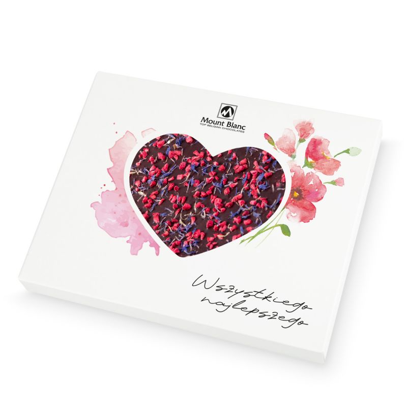 Chocolate Heart Box no.8 z okazji Dnia Kobiet. Czekoladowe serce deserowa z malinami i płatkami chabrów
