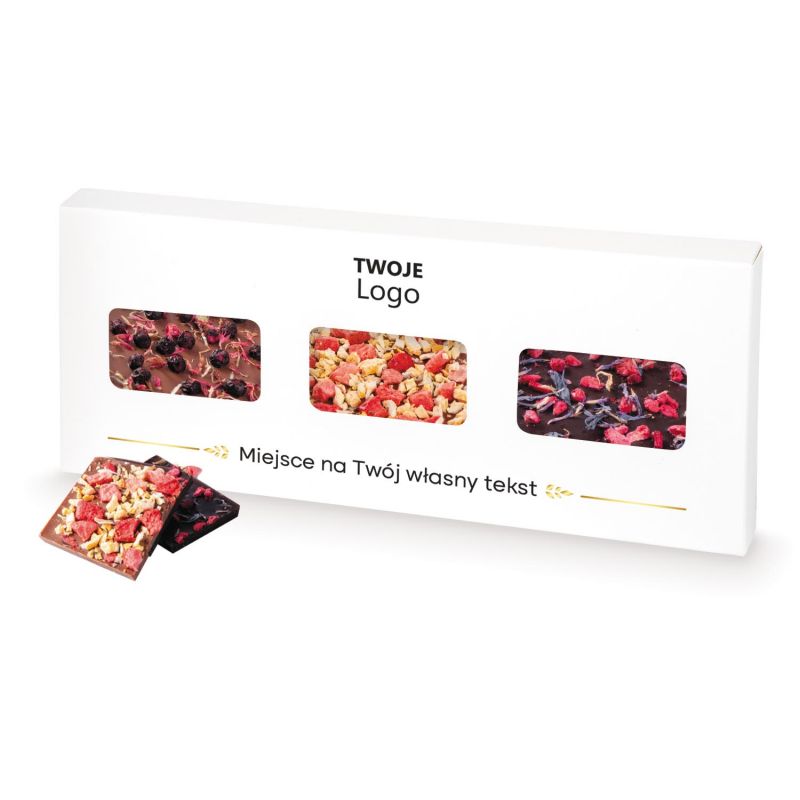 Czekoladowe tafle 3x35g Chocolate Bar Box w opakowaniu z logo firmy Czekoladowe tafle 3x35g Chocolate Bar Box w opakowaniu z logo firmy