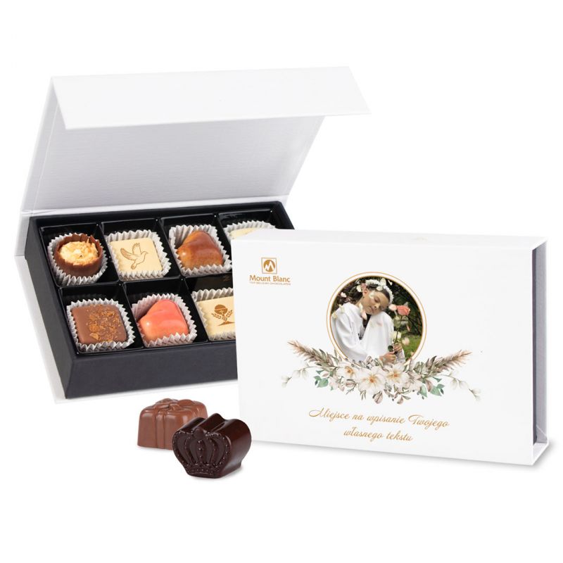 Prezent na Pierwszą Komunię Świętą Chocolate Box Mini White z Twoim zdjęciem i życzeniami