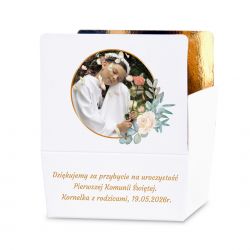 Czekoladki komunijne dla gości Mini Ballotin White no.2 ze zdjęciem i tekstem