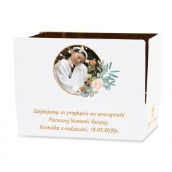 Podziękowania na komunie dla gości Mini Ballotin White no.3 ze zdjęciem i tekstem