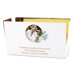 Czekoladki komunijne dla gości Mini Ballotin White no.4 ze zdjęciem i tekstem