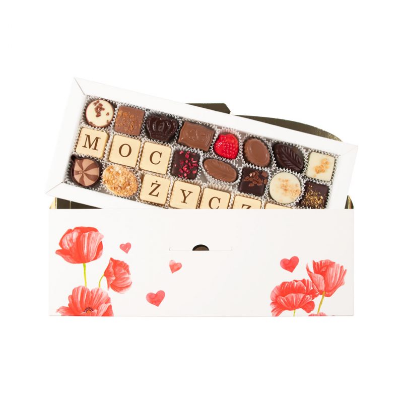 Belgijskie pralinki Chocolate Letter Maxi White z napisem Moc Życzeń